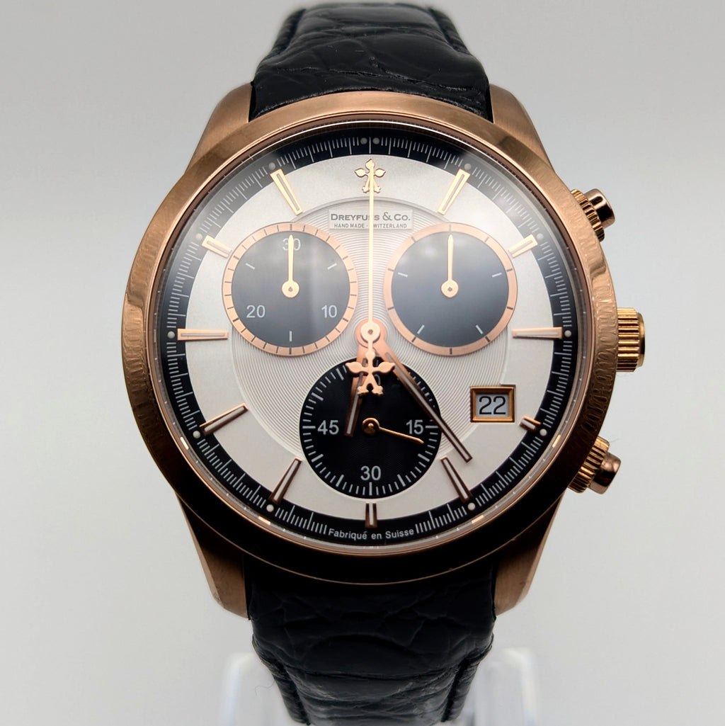 Dreyfuss & Co. Swiss Quartz Chronograph Men's Watch — Rose Gold, White Panda Dial - Bezel & Hide