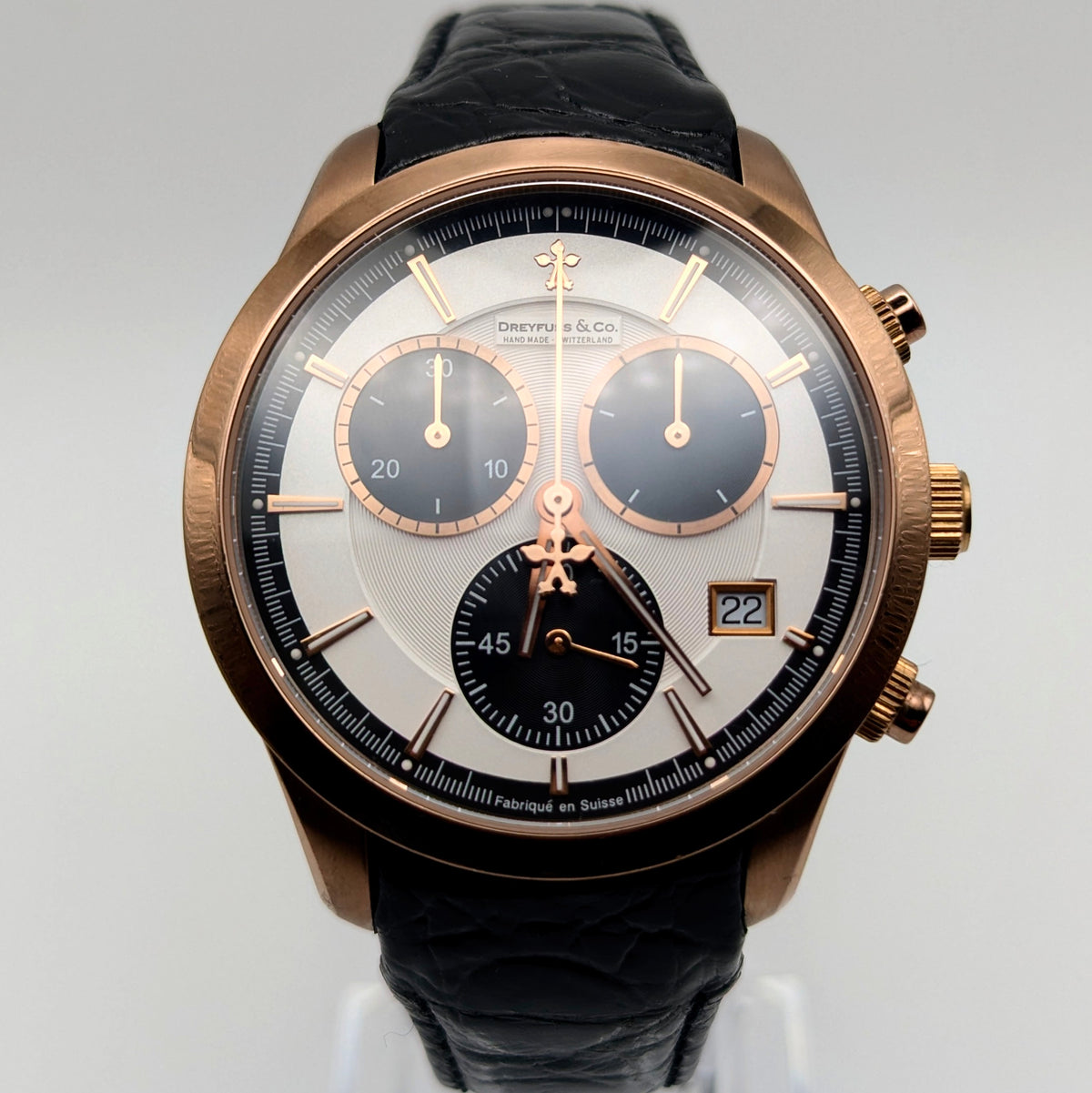 Dreyfuss & Co. Swiss Quartz Chronograph Men's Watch — Rose Gold, White Panda Dial - Bezel & Hide