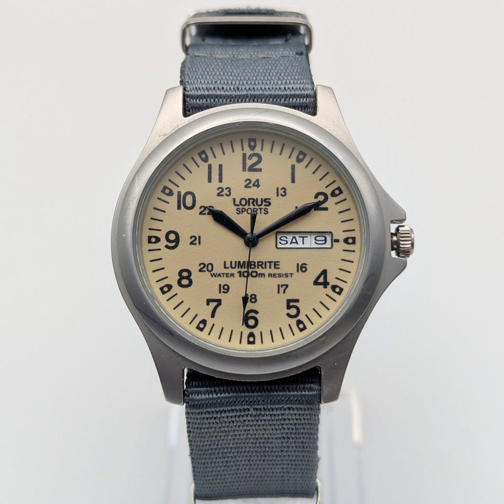 Lorus Sports Military Field Quartz Watch — Cream Lumibrite Dial, Day-Date, 100m WR, NATO Strap, Sold Naked - Bezel & Hide