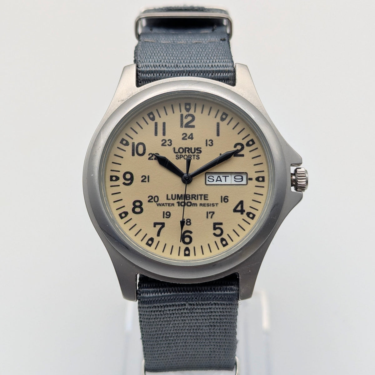 Lorus Sports Military Field Quartz Watch — Cream Lumibrite Dial, Day-Date, 100m WR, NATO Strap, Sold Naked - Bezel & Hide