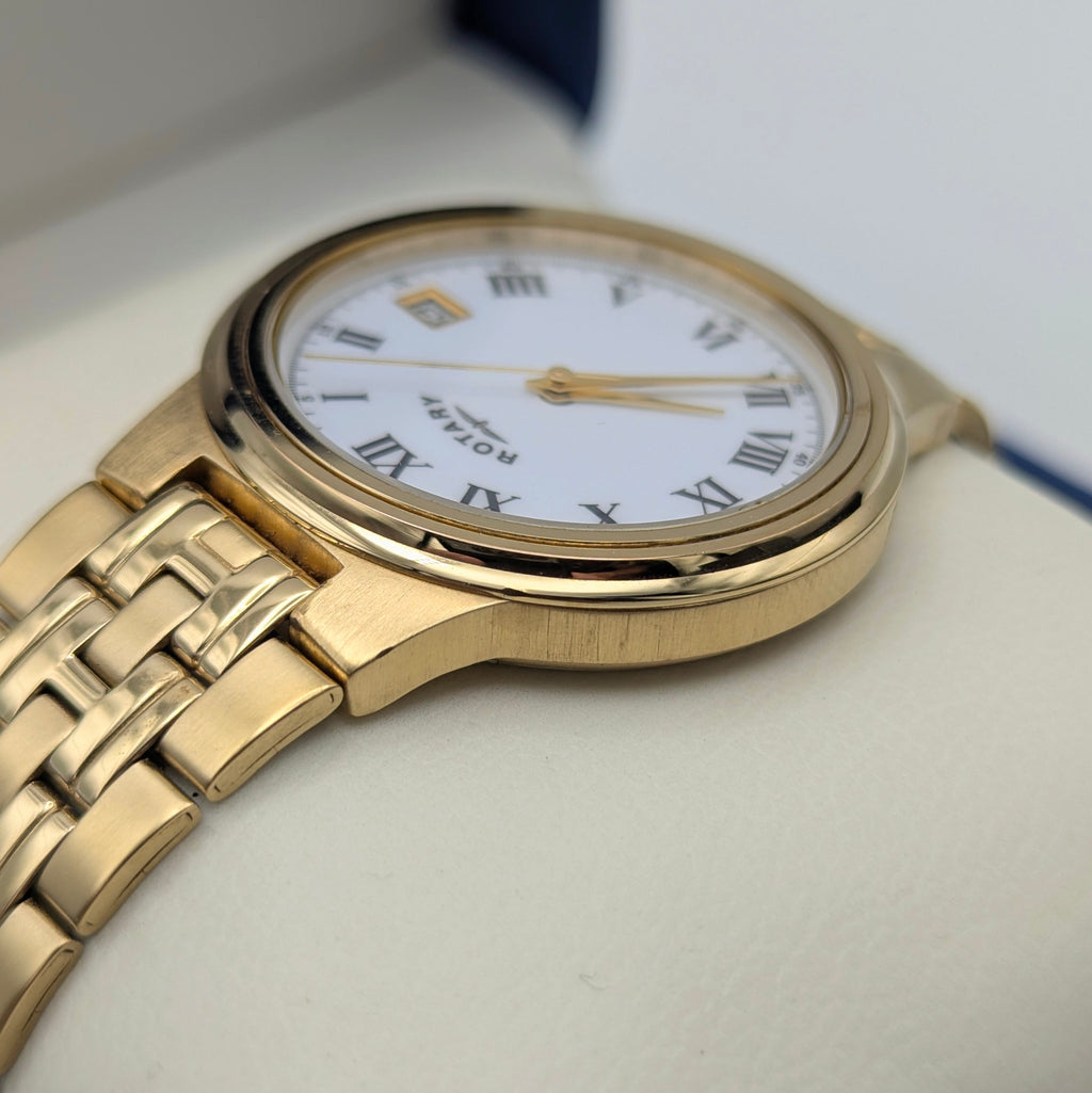 Rotary Gold-Plated Classic Quartz Watch — White Roman Dial, Full Set - Bezel & Hide