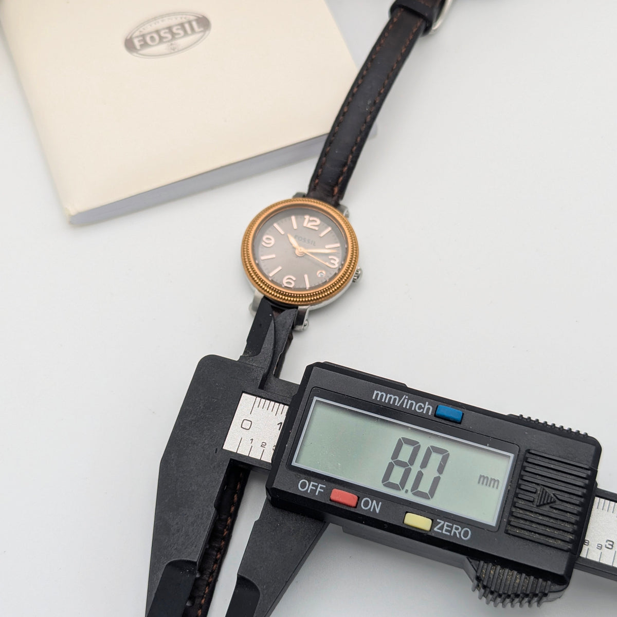 Fossil ES3138 Virginia Ladies' Watch — Rose Gold-Tone Bezel, Grey Dial, Brown Leather Strap - Bezel & Hide
