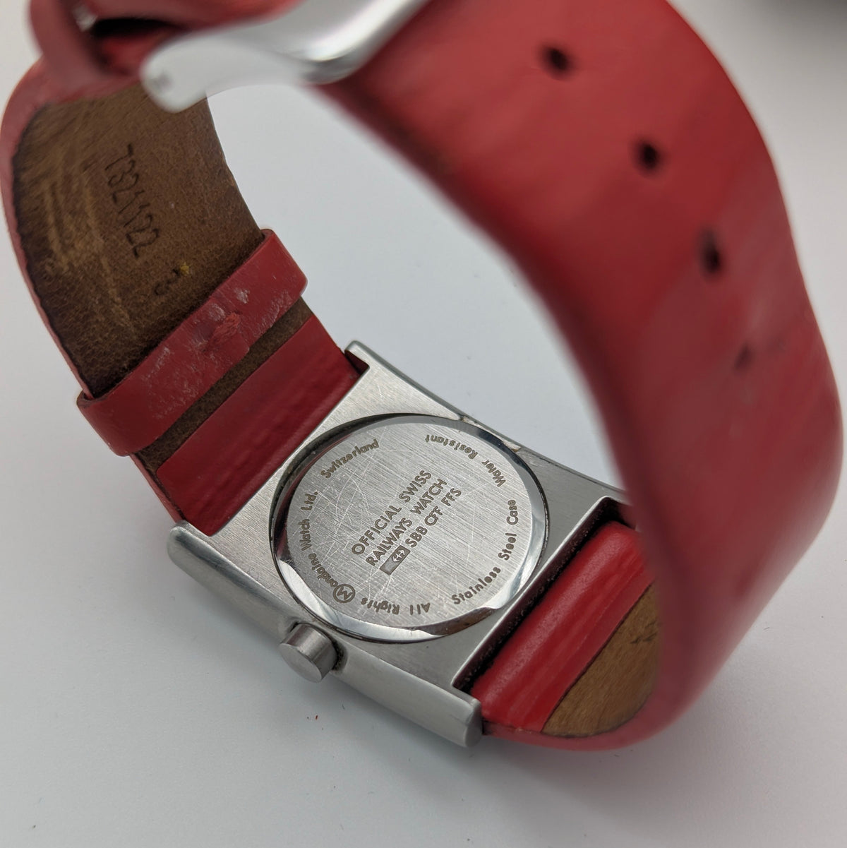 Mondaine Official Swiss Railways Watch L 30 388 OT 7S — Cushion Square, White Dial, Red Leather Strap - Bezel & Hide