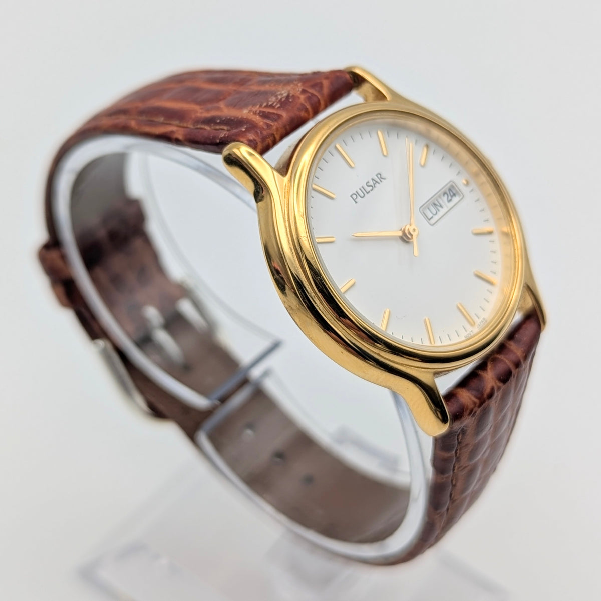 Pulsar Day-Date Dress Watch — Gold-Tone, White Dial, Sold Naked - Bezel & Hide