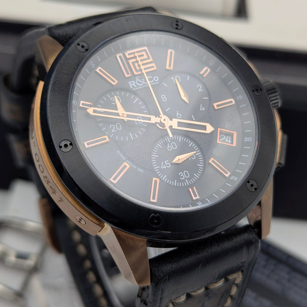 Rotary R&Co Suisse Chronograph — Bold Two-Tone Sports Chrono with Vintage Strap - Bezel & Hide